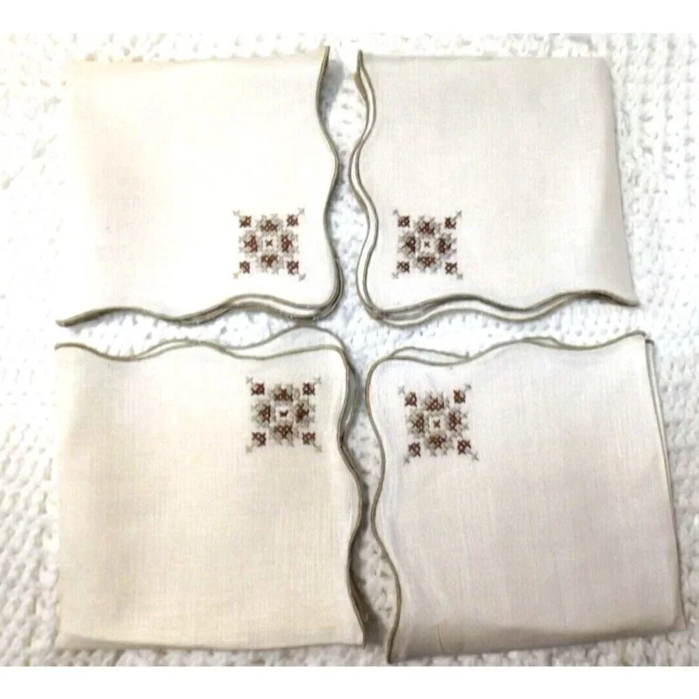 Set of 4 beige linen napkins brown & tan cross stitch design scalloped edge